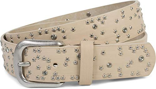 styleBREAKER Damen Gürtel mit Sternchen Nieten und Strass, Oberfläche in Pinselstrich Optik, Vintage Nietengürtel, kürzbar 03010096, Farbe:Creme-Beige, Größe:95cm