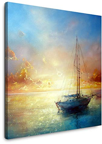 EAUZONE GmbH Malerei mit Segelboot 60x60cm Wandbild auf Leinwand, Kunstdruck Moderne Bilder