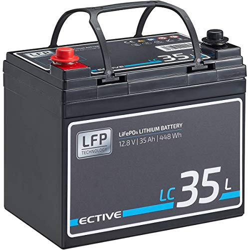 ECTIVE LC35 LiFePo4 Batterie - 12V, 35Ah, BMS, wiederaufladbar, wartungsfrei - Deep Cycle Akku, Lithium Eisen-Phosphat Versorgungsbatterie, Bootsbatterie, Solarbatterie für Wohnwagen, Wohnmobil, Boot