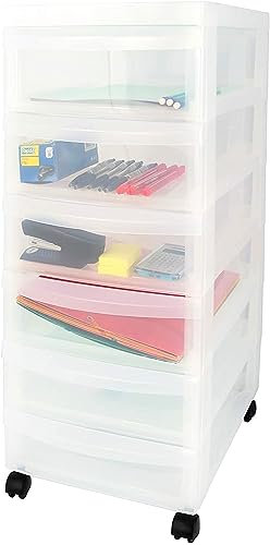 Iris Ohyama Kunststoff-Schubladenbox mit Rollen, 6 flachen Schubladen, Mattweiß, Griffe zum Ziehen, Für Schlafzimmer, Bad, Schule & Büro, BPA-frei, Schubladenschrank, Rollcontainer, A4 Drawer, DC-360