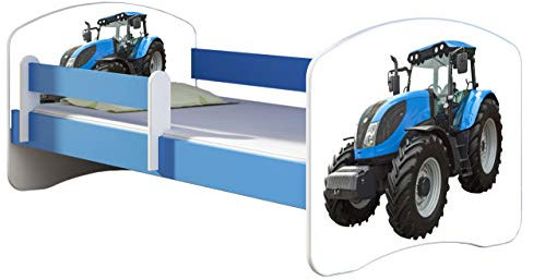 ACMA Kinderbett Jugendbett mit Einer Schublade und Matratze Blau mit Rausfallschutz Lattenrost II 140x70 160x80 180x80 (42 Traktor, 160x80)