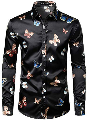 PARKLEES Men's Casual Luxury Printed Silk Like Satin Button Down Dress Shirt for Party Wedding PZLCL15 Black XXL