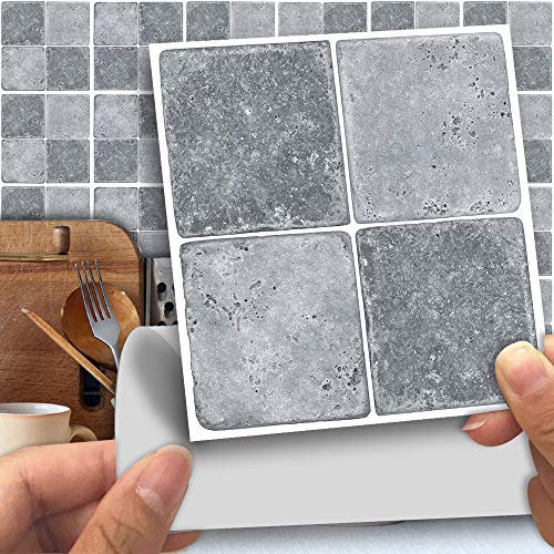 Hiser 25 Pièces Marbre Adhésive Décorative à Carreaux pour Salle de Bains et Cuisine Stickers Carrelage, Mosaïque Style Imperméables Auto-adhésifs 3D Adhésive Décoration (Pierre Grise,10 x 10cm)