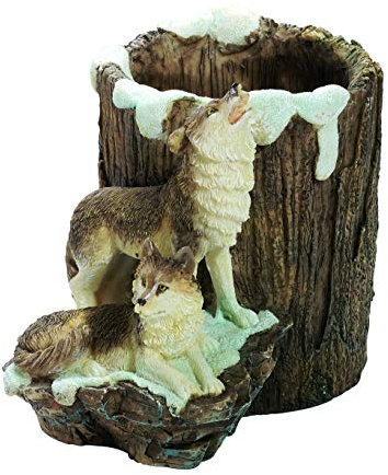 IMPEXIT pot a crayon 2 loups en resine 9,5/13/8 cm