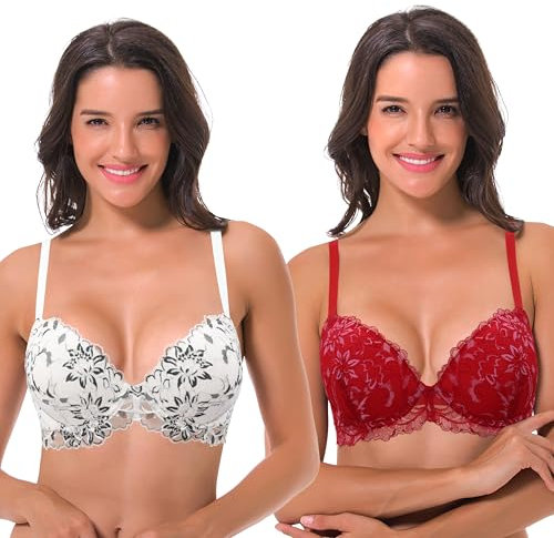 Curve Muse Women's Underwire Plus Size Push Up Add 1 and a Half Cup Lace Bras -2PK-White/Black,Red/White-40D (EU:90D)