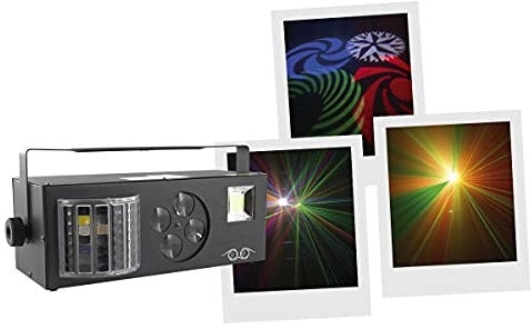 Jeux de lumière pour soirée BoomToneDJ LightShow 4FX Derby Gobos animés LZR Stroboscope. DMX Programmes automatiques Détection musicale. Soirée DJ Jeu de lumiere 4-en-1.