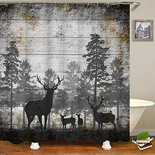RnnJoile Rustikaler Hirsch-Duschvorhang Wildtier in Schwarz und Grau Wald Badevorhang Vintage Elch Badezimmer Dekor Wasserdichtes Stofftuch mit 12 Haken 183 x 183 cm