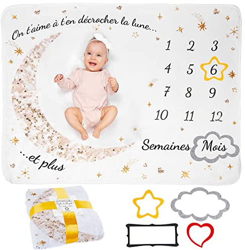 ODOXIA Couverture Etape Bébé en Français | Tapis Mois Bebe Garçon Ou Fille, Unisexe | Lune, Étoiles | Cadeau Baby-Shower Personnalisé Jeunes Mamans | Tapis Photo Bebe | Doux, Confortable
