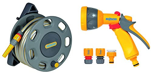 Hozelock 30m Wall Mounted Reel with 15m Hose & Hozelock 2347 0000 Multi Spray Watering Gun Starter Set, 205.0 mm*230.0 mm*260.0 mm