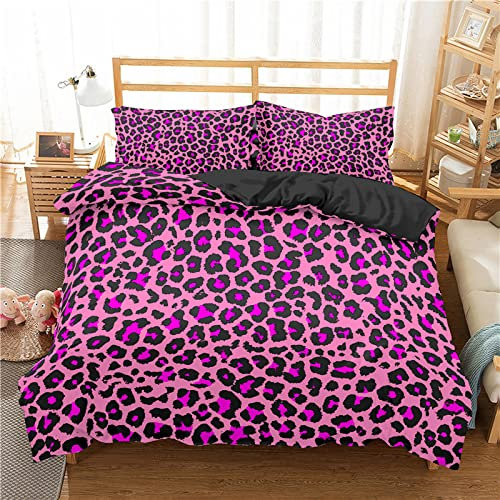 LSYW Bettwäsche 135x200 Rosa Leopardenmuster Bettbezug mit Reißverschluss Schließung für Kinder Jungs Mädchen Weicher Atmungsaktive Flauschige Mikrofaser Bettwäsche-Set + 2 Kissenbezug 80x80 cm