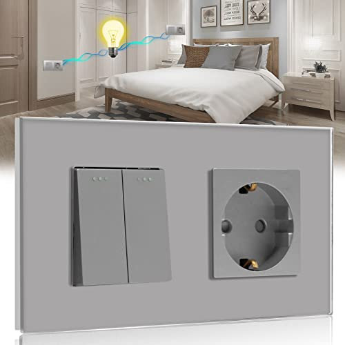 BSEED Lichtschalter mit Steckdose 2 Fach 2 Wege,10A Kristall Glas Platte Wandschalter mit 16A Schuko Steckdose Grau,Physische Unterputz Wechselschalter mit Steckdose- 157mm