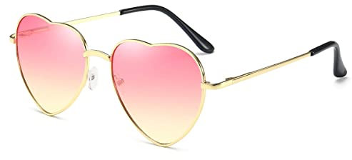 Dollger Herz Sonnenbrille Damen Retro Partybrillen Vintage Metallrahmen Love Rave Herzform Sonnenbrille UV400 Schutz, Rosa Farbverlauf Linse + Gold Rahmen