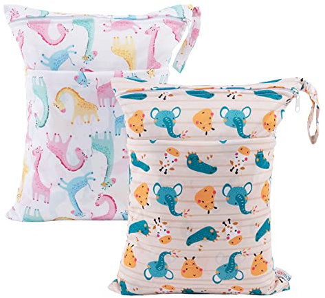 ALVABABY 2 Stück windeltasche wetbag wiederverwendbar, Nasstaschen für Unterwegs, wiederverwendbar mit Zwei Reißverschlusstaschen windelbeutel für Babys Windeln LZ3334-DE
