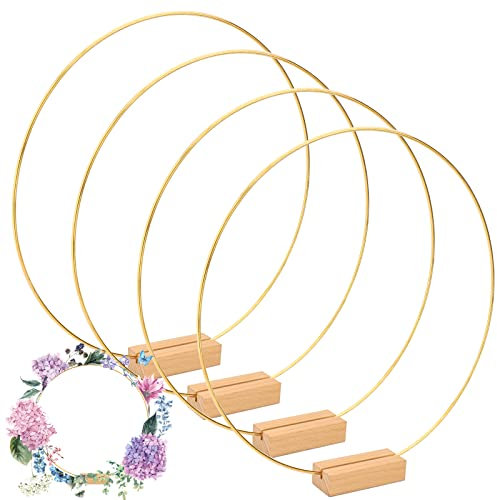 4 Stück 30cm Gold Metallring Hochzeit Tafelaufsätze Metall Makramee Ringe Drahtringe Metallring zum Basteln mit 4 Stück Holz Kartenhalter für DIY Hochzeit Tischdekoration Weihnachtskranz Deko