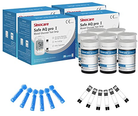 Sinocare Safe AQ Pro I Blood Sugar Test Strips 200pcs, for Safe AQ Pro I | Blood Glucose Test Strips and Lancing Devices, Only for Safe AQ Pro I Glucose Monitor, No Code, Composite Silver Test Strips
