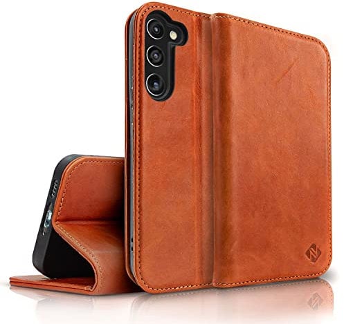 NALIA Echt-Leder Flip-Case kompatibel mit Samsung Galaxy S23 Plus Hülle, 360 Grad Bookcase, RFID-Schutz, Klapphülle mit Kartenfächern und Magnetverschluss, Handyhülle mit Standfunktion, Farbe:Braun