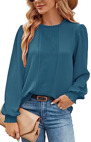 Odosalii Damen Oberteile Elegant Sexy Langarm Bluse Casual Büro Rundhals Longshirt Klassisch Plissee Vorne Bekleidung Tops