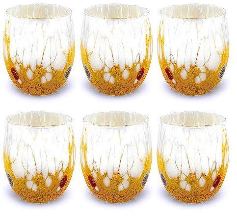 MAZZEGA ART & DESIGN Wassergläser Bicolor aus handgefertigtem und handgearbeitetem Muranoglas mit Murrine-Muster - Die Farben von Murano - Bicolor 435ml. (6, Gelb)