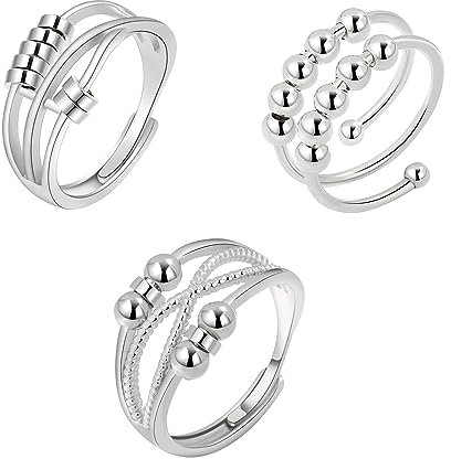 Anxiety Ring Spinner Ringe Verstellbar Anti Stress Ring Angst Ring Fidget Ring Angst Zappel-Band Spinner Ring Verstellbar Silber Damen Ringe für MäDchen Herren Geburtstags-Party-Geschenke (3 Stück)