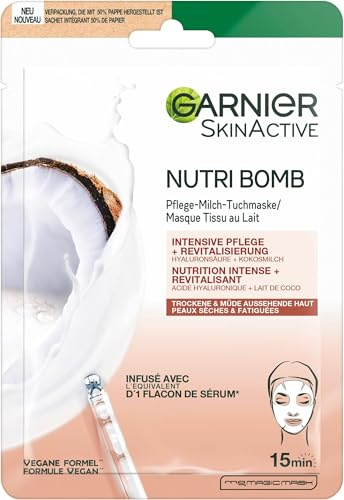 Garnier Tuchmaske, Gesichtsmaske für trockene und müde Haut, Intensive Pflege und Revitalisierung, Vegane Formel mit Kokosmilch und Hyaluronsäure, Nutri Bomb, 28 g (Packung mit 5)