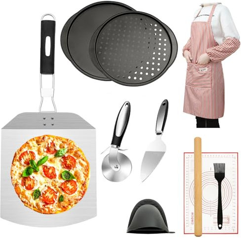 AOFUXTI 11PCS Pizza Peel Pizza Pan Set - Pizza Oven Accessories, Pizza Making Kit with 12 x 9 Stainless Steel Pizza Paddle, Pizza Cutter, Pizza Pan, Oil Brushes, Best Gifts for Home Chefs