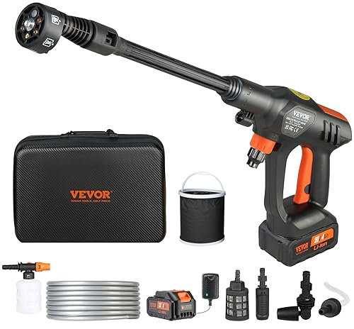 VEVOR Lavadora de Alta Presión con Batería Inalámbrica 21V Limpiador Portátil de Alta Potencia 652PSI 50bar Lavadora Eléctrica 4L/min Cargador de Batería de 4,0Ah para Limpieza de Patio, Jardín, Coche