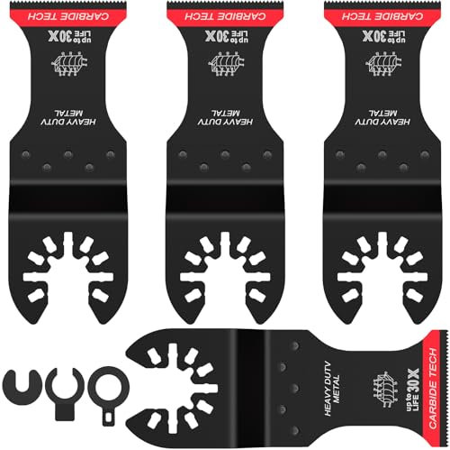 4Pcs Carbide Oscillating Saw Blades Universal Quick Release Oscillating Multitool Blades 45mm Cutting Tool Blades with 3 Spacer Adapters for Wood Bolts Metal Screws