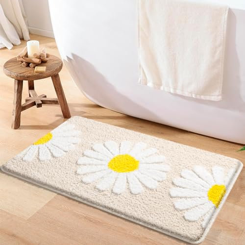 McEu Badezimmerteppich rutschfest Waschbar 45 x 65 cm, Badteppich Absorbierende Badematte Schnelltrocknend, Badvorleger Weiche Mikrofaser mit Gänseblümchenmuster, Khaki