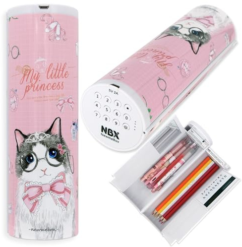 Lockable Pencil Case with Calculator, Standing Cylinder Shape, Multifunctional Password Lock Pen Box, Locking Desk Organizer, Cute Patterns for Girls, Boys, Kids, School Supplies(Princess Cat)