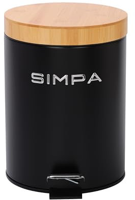 simpa 5L 5 Litre Matt Black Slim Soft-Closing Pedal Dustbin with Bamboo Lid