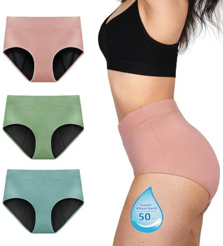 TIICHOO Incontinence Pants Women High Waist Period Pants Heavy Flow 3 Pack(M, Matcha Green/Turquoise Green/Rose Gold)