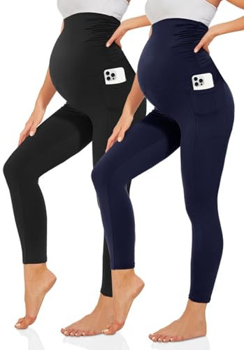 TNNZEET Umstandsleggings Damen Umstandsmode Blickdicht Schwangerschaft Leggings Umstandshose Lang mit Taschen für Yoga(Schwarz/Marineblau,S)