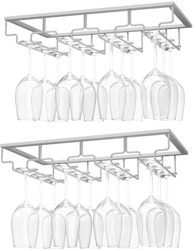 Nuovoware Porte-verres à Vin, Support de Verre à Vin en Fer, Porte-Verres à Pied Suspendu sous le Meuble à Vaisselle, Support de Rangement pour Vin avec 4 Rangées pour Cuisine, Bar, Restaurant, Argent