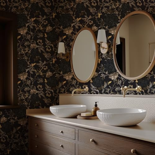 RollsRolla Papier peint autocollant gothique noir et doré – Papier peint à décoller et à coller – Noir/doré/gris pour salle de bain, chambre à coucher, salon, mur d'accentuation