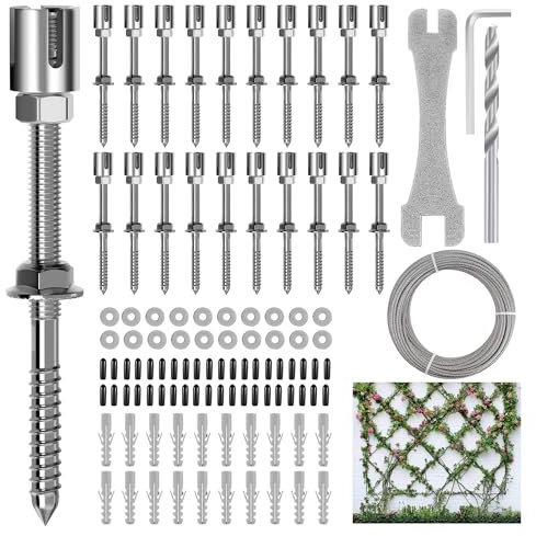 RiaYer 20 Sets Wandspalier-Kits System, Drahtspalier für Kletterpflanzen im Freien, Wanddraht-Spalier-Set mit 2,4 m x 0,3 cm Drahtseil, T316 Edelstahl, Spalier-Kabelspaliersystem, WT001