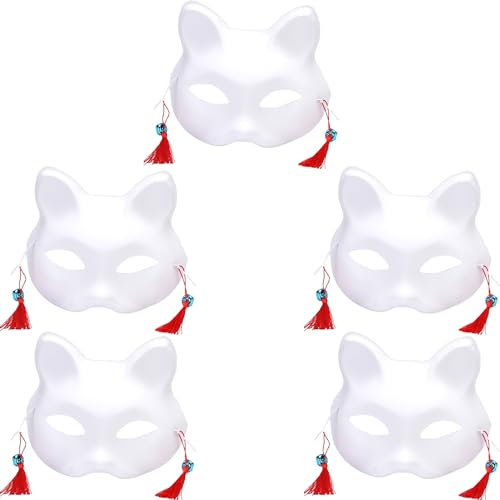 YANJIY 5 Stück Weiße Katzenmaske Cosplay, DIY Mit Glocke, Plastik Maske Katze Basteln Für Erwachsene Kinder, Halloween, Fasching, Parteien