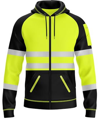trending babz Felpa da uomo ad alta visibilità con cerniera riflettente in pile con 3 tasche con cerniera, da lavoro, giallo nero, 4XL