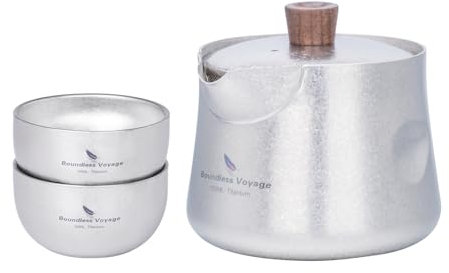 iBasingo Titan Reise-Teeservice Ultraleicht 150ml Teekannen & 2 30ml Tassen Set Chinesisches Kungfu Teegeschirr Indoor Outdoor Camping Tragbar Doppelwandiger Tee Set für Erwachsene Ti3135D