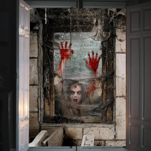 Halloween-Vorhang, gruselig, für Halloween, Fenster, Poster, Dekoration, Horror, Hintergrund, Tuch für Fenster, Tür, Halloween, Party, Dekoration, Innen- und Außenbereich, 120 x 80 cm