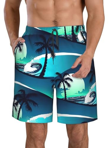 skateboard con palme stampa onda pantaloncini da spiaggia da uomo, pantaloncini da spiaggia casual da uomo, pantaloncini da uomo ad asciugatura rapida, costumi da bagno, bianco, XX-Large