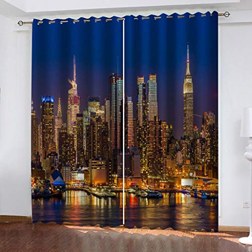 Tenda Oscurante Con Occhielli - Tende Oscuranti Camera Da Letto E Soggiorno Motivo Stampati In Vista Notturna Di New York City 3D, Tenda Termica Isolante Per Interni Decorazione Da Finestre Formato Pe