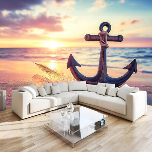 Vlies Fototapete Sonnenuntergang Strand Anker Federn - Foto Tapete Schlafzimmer Wohnzimmer Moderne Vliestapete 200 x 140 cm Wandtapete Motivtapeten Bildtapete 3D Effekt Wand Dekoration