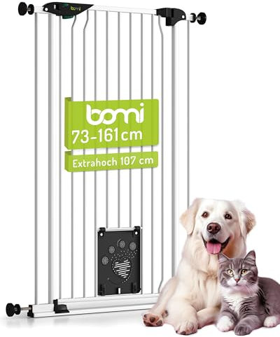 BOMI Tierschutzgitter Mira | Türschutzgitter mit Katzenklappe | Ideales Absperrgitter Hund, Katzengitter Tür & Welpen Zubehör | Hundegitter Wohnung weiß Metall | Breite: 133-143 cm