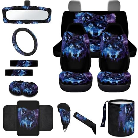 Wanyint Wolf Galaxy Forest Autositzbezüge, komplettes Set, mit Lenkradbezug, sichere Gurtpolster, Handbremsenabdeckung, Untersetzer, Müllbehälter, Rückspiegelabdeckung, Auto-Mittelkonsolenabdeckung,