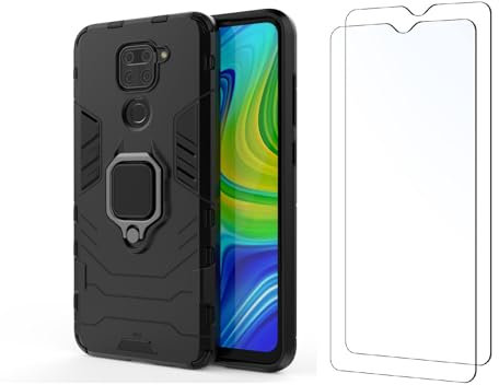 Max Power Digital Funda y 2 Cristal Templado para móvil Xiaomi Redmi Note 9 Carcasa Magnética con 2 Piezas Protectores Anillo Imán Antigolpes Resistente Rígida Dura (Xiaomi Redmi Note 9, Negro)