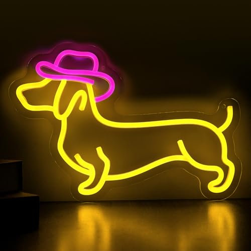 ZWBIGCHA Dachshund Neon Sign, Cute Dog with Cowboy Hat Neon Signs for Wall Decor, Wall Decor Dimmable Puppy with Cowboy Light Up Sign for Pet Shop Bedroom Teen Room present for Young Party Decoration