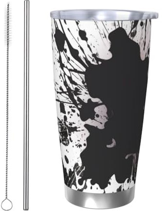 CSIVKEJ Bicchiere da 590 ml, in acciaio inox, con stampa in bianco e nero, con coperchio e cannuccia, adatto alla maggior parte dei supporti per auto