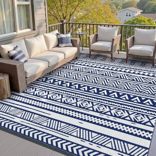 SIXHOME Outdoor Teppich Wetterfest, Wendbarer Balkon Picknick Teppich 120 * 180cm UV-Beständige, Boho-Style Leichtgewicht Outdoorteppich Carpet rutschfest für Garten Balkon Terrasse Camping, Blau