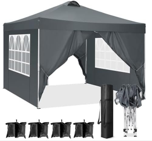 Bonnlo Pop-up Pavillon, Faltpavillon 3x3m, Höhenverstellbar, Wasserdicht Partyzelt mit 4 Seitenteilen, Gartenpavillon für Outdoor Hochzeit Garten Camping Party, Grau (Grau mit Sandsäcken)
