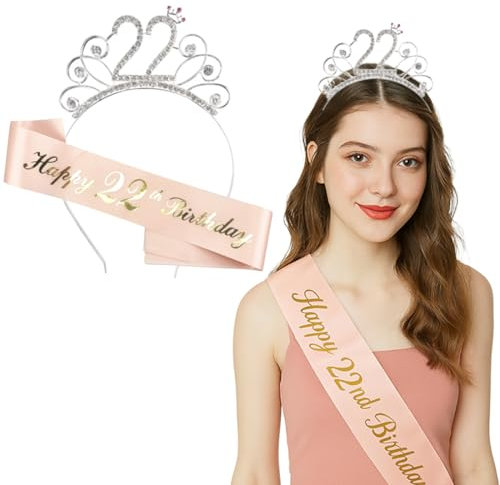 22. Geburtstag Krone Schärpe, 22 Geburtstag Frauen Deko Schärpe und Tiara, Rose Gold 22. Geburtstag Geschenke Krone für Birthday Party, für 22 Geburtstag Deko Geschenk und Frauen Party Accessoires